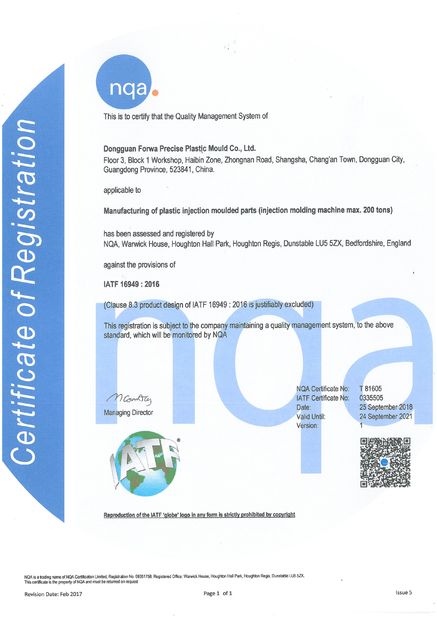 China FORWA PRECISE PLASTIC MOULD CO.,LTD. certificaten